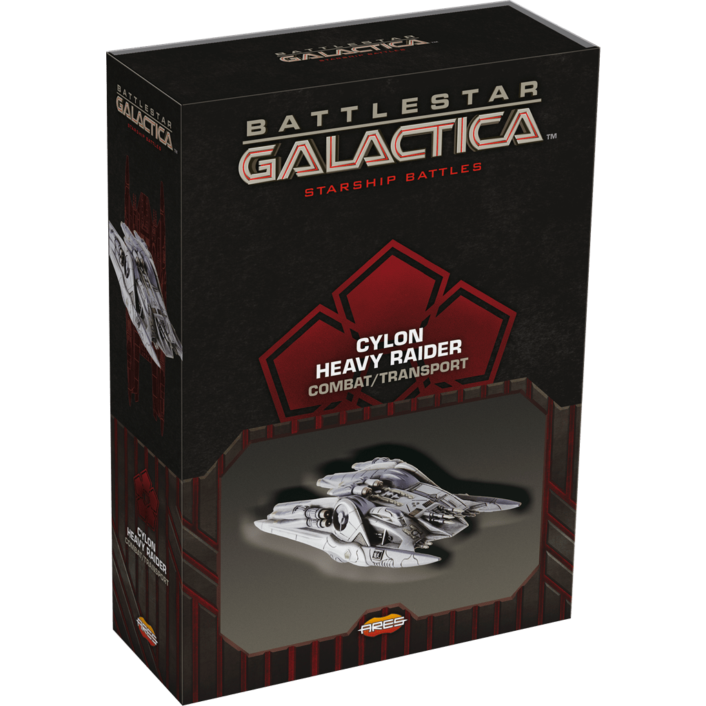 The Battlestar Galactica: Starship Battles – Cylon Heavy Raider (Combat/Transport) box showcases the iconic troop transport spacecraft on the front, with a striking black design and red accents.
