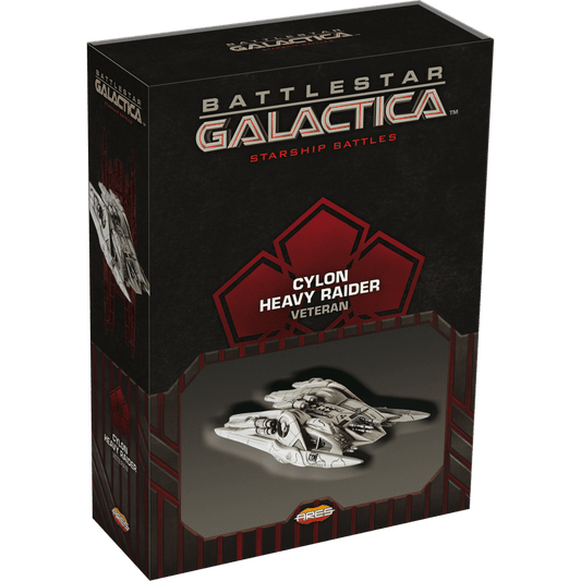 The Battlestar Galactica: Starship Battles – Cylon Heavy Raider (Veteran) is a boxed miniature set with a detailed spacecraft model, showcased in a black box with red accents and the ship featured prominently on the front.