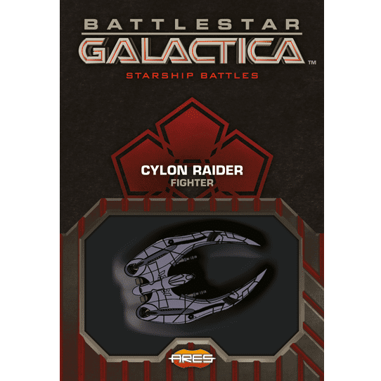 The Battlestar Galactica: Starship Battles – Cylon Raider cover by Ares Games features a Cylon Raider craft on a dark backdrop, bold red and silver text, geometric accents, and a dynamic gaming base design.