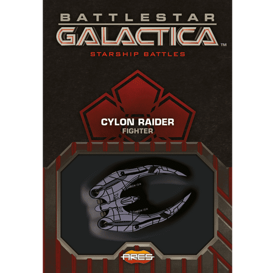 The Battlestar Galactica: Starship Battles – Cylon Raider cover by Ares Games features a Cylon Raider craft on a dark backdrop, bold red and silver text, geometric accents, and a dynamic gaming base design.