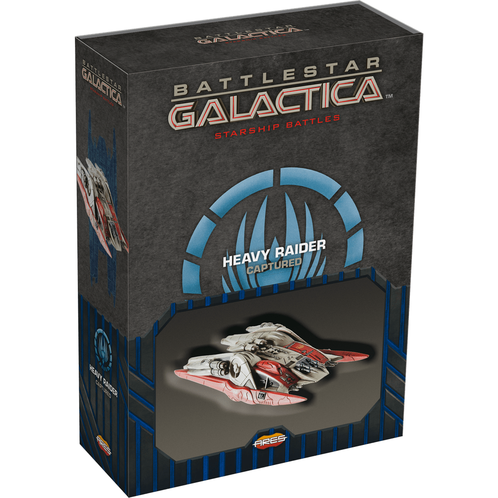 The Battlestar Galactica: Starship Battles – Heavy Raider (Captured) boxed model kit features a detailed image of the Cylon Heavy Raider on mostly gray packaging with blue accents.