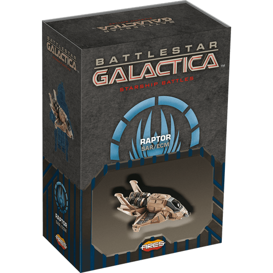 The Battlestar Galactica: Starship Battles – Raptor (SAR/ECM) box features the search-and-rescue tactical craft, packaged in mostly gray with blue accents and a plastic window displaying the ship.
