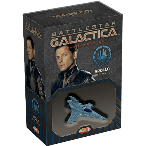 Ares Games’ Battlestar Galactica: Starship Battles – Viper MK VII (Apollo) includes a Viper Mk.VII model, pilot cards, and features Apollo in uniform on the box.