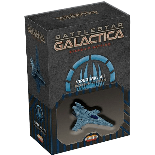 A boxed Battlestar Galactica: Starship Battles – Viper MK VII (Pegasus/Veteran) model with the ship visible through a window in dark packaging, featuring branding, logo, and pilot cards included.