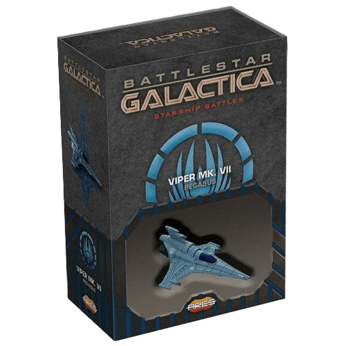 Ares Games’ Battlestar Galactica: Starship Battles – Viper MK VII (Pegasus) features a grey and blue model ship, visible through a clear window in the dark, textured box packaging.
