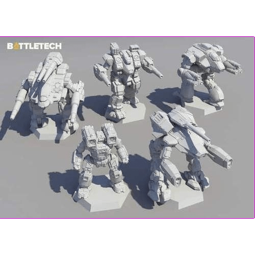 Five detailed gray miniatures from the Battletech: Clan Heavy Star Expansion by Catalyst Game Labs, each with unique weapons and armor, stand on hex bases against a plain background. The Alpha Strike Battletech logo is visible in the top left.