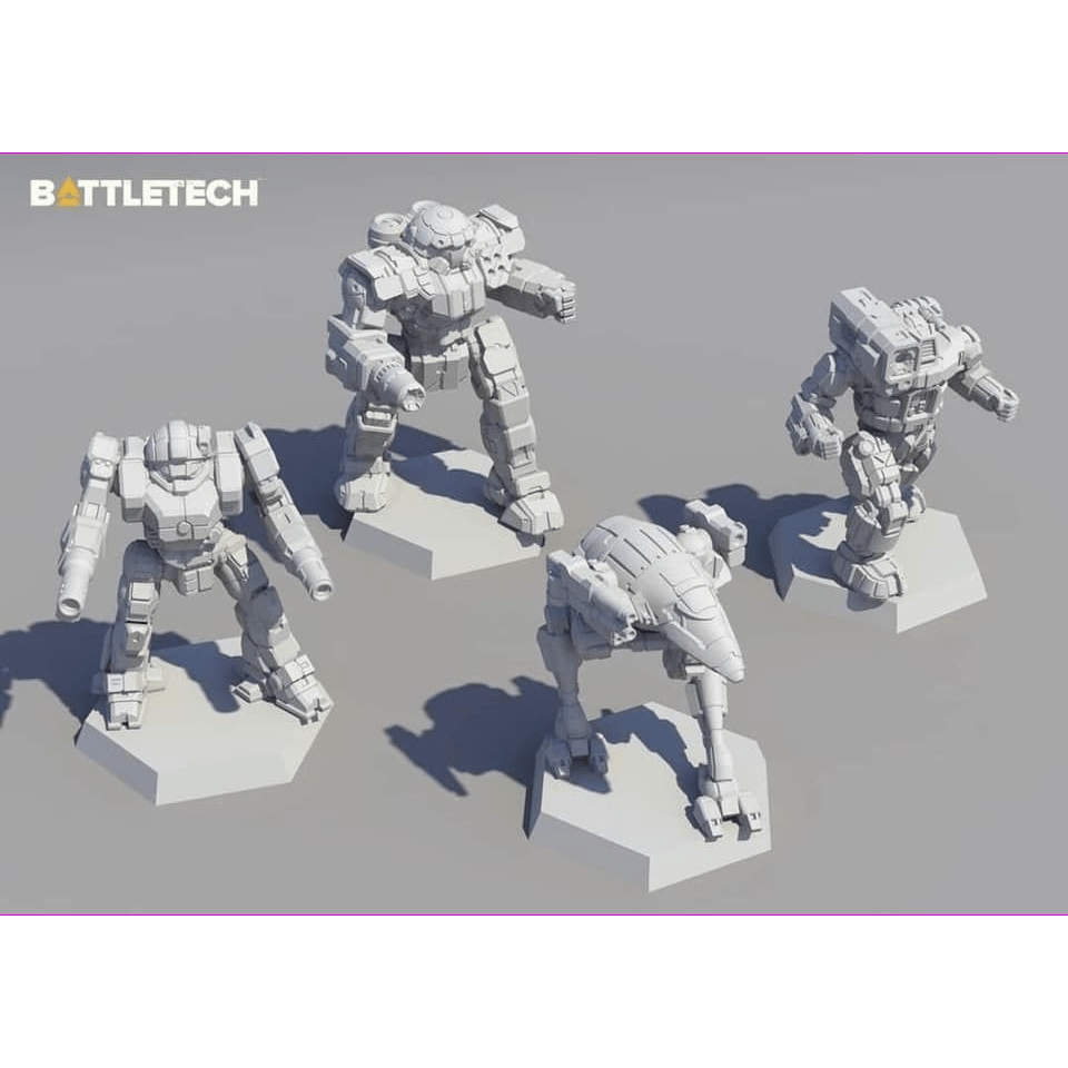 Four detailed miniatures from the Battletech: Inner Sphere Urban Lance Expansion by Catalyst Game Labs stand on hex bases atop a gray surface under strong light with distinct shadows. The Battletech logo is shown in the top left corner.