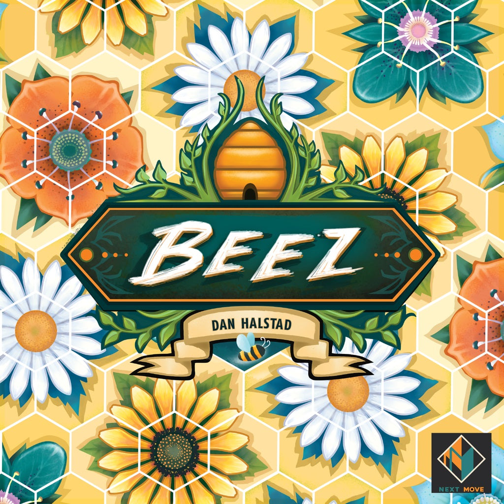 The Beez board game cover features a bold title with colorful flowers, honeycomb patterns, bees, and a beehive—highlighting nectar collection and flight planning fun. Designed by Dan Halstad with the Next Move Games logo at the bottom.