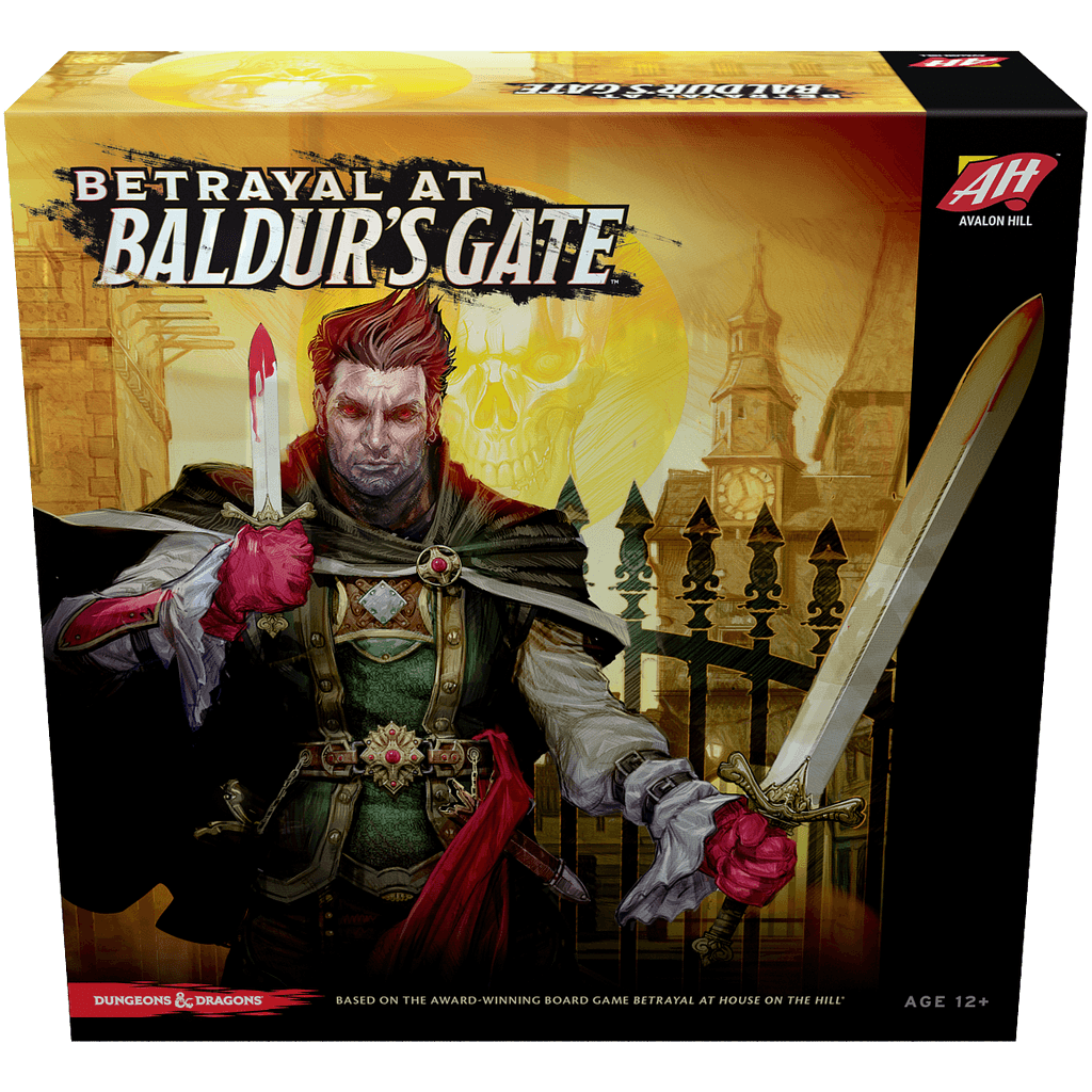The Avalon Hill Betrayal at Baldur's Gate box shows a red-haired armored man with a bloodied dagger and sword, standing before Baldur's Gate city with a looming skull in the background.