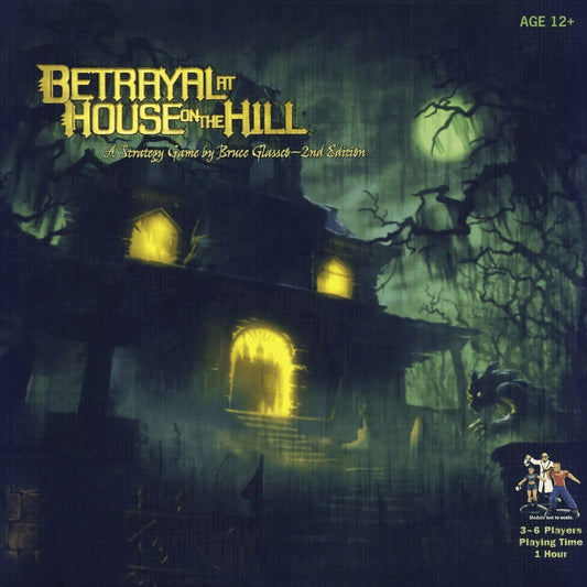 A dark, eerie house sits atop a hill beneath a full moon, glowing windows and twisted tree in front. The board game Betrayal at House on the Hill by Avalon Hill features its title at the top with age and player info in the corners.