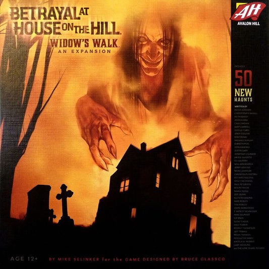 A shadowy house stands on a hill at night, a ghostly figure looming above. Text reads: Betrayal at House on the Hill: Widow's Walk, an expansion from Avalon Hill.