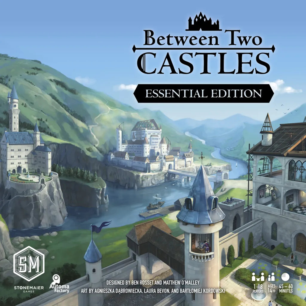 A fantasy castle scene with turrets and towers by a river and mountains features the Between Two Castles Essential Edition board game from Stonemaier Games, with player info and logos shown below.