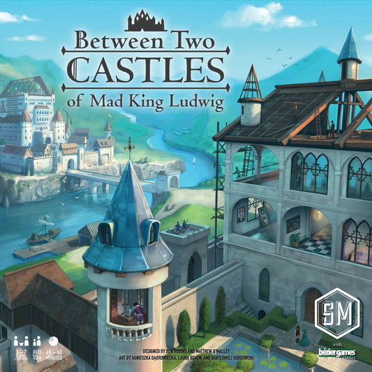 The Stonemaier Games board game "Between Two Castles of Mad King Ludwig" features a cover with detailed castle towers, bridges, and courtyards. The title appears above the castle, highlighting this tile-drafting strategy game.