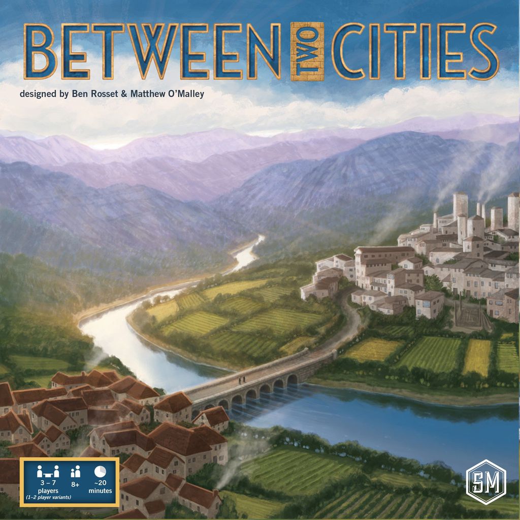 The cover of Stonemaier Games' Between Two Cities shows two cities divided by a river and joined by a bridge, with scenic fields and mountains. This city-planning board game is for 3–7 players, ages 8+, and plays in about 20 minutes.