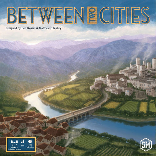 The cover of Stonemaier Games' Between Two Cities shows two cities divided by a river and joined by a bridge, with scenic fields and mountains. This city-planning board game is for 3–7 players, ages 8+, and plays in about 20 minutes.