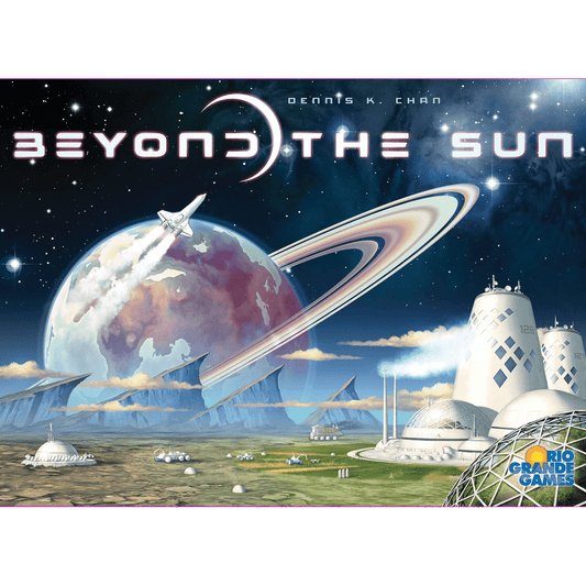 A futuristic space scene with a ringed planet, spaceship launch, and domed colony sets the stage for Beyond the Sun by Rio Grande Games—a galactic civilization game about expanding influence across the cosmos.