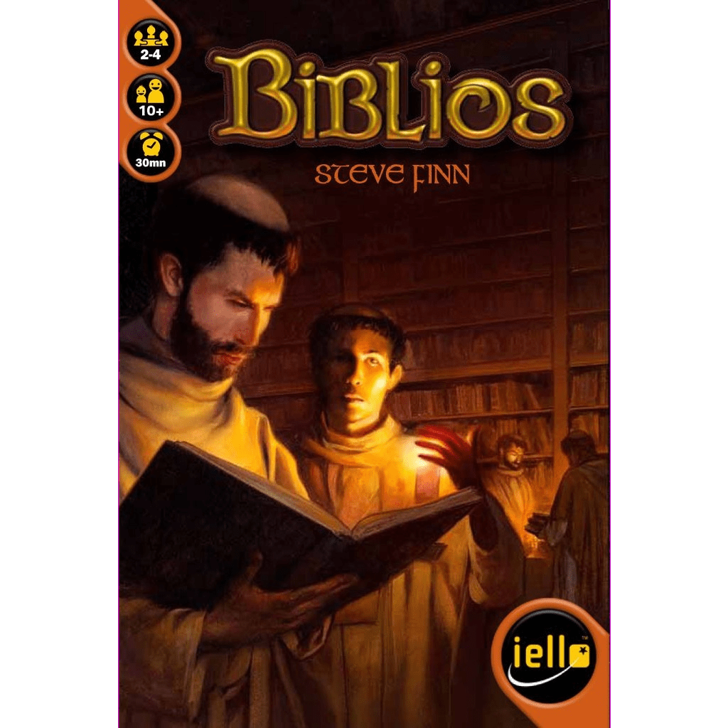 The Biblios board game cover by Iello depicts monks in brown robes reading books in a dim library. The logo and player info are on the left, with the Iello brand logo at the lower right corner.