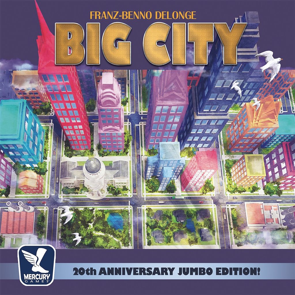Vibrant cityscape with skyscrapers, roads, and parks. The text says Big City: 20th Anniversary Jumbo Edition! by Mercury Games, with the Mercury Games logo in the corner.