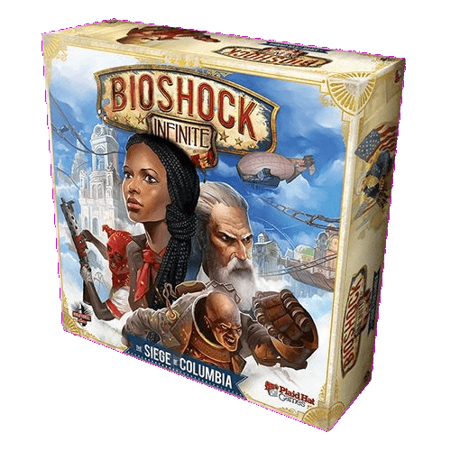 Box cover of Bioshock Infinite Siege of Columbia by Plaid Hat Games, featuring illustrated characters with weapons set against a dramatic cityscape backdrop.