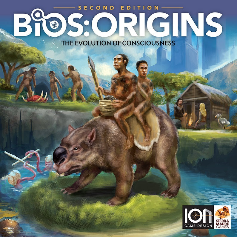 Early humans with spears gather by a hut and lake; one rides a large mammal as others observe ancient creatures. The text reads Bios: Origins Second Edition by Ion Game Design, a civilization board game of human evolution.