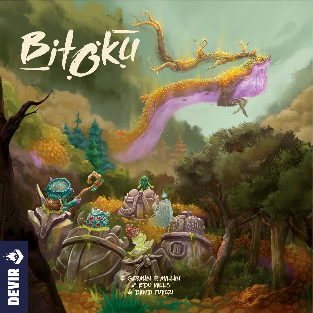 A glowing dragon-like creature soars above a lush fantasy forest of trees and mossy stones. The Bitoku title by Devir crowns the scene, hinting at its rich hand-management and engine-building gameplay. Credits and Devir logo appear below.