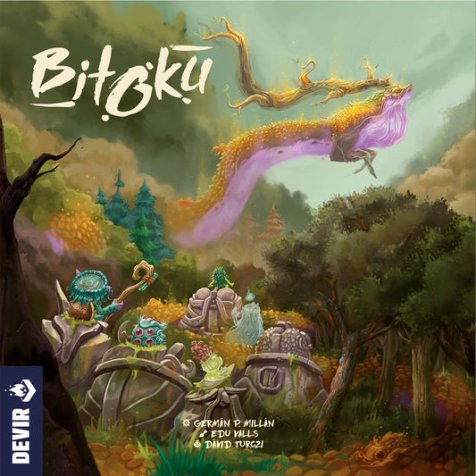 A glowing dragon-like creature soars above a lush fantasy forest of trees and mossy stones. The Bitoku title by Devir crowns the scene, hinting at its rich hand-management and engine-building gameplay. Credits and Devir logo appear below.