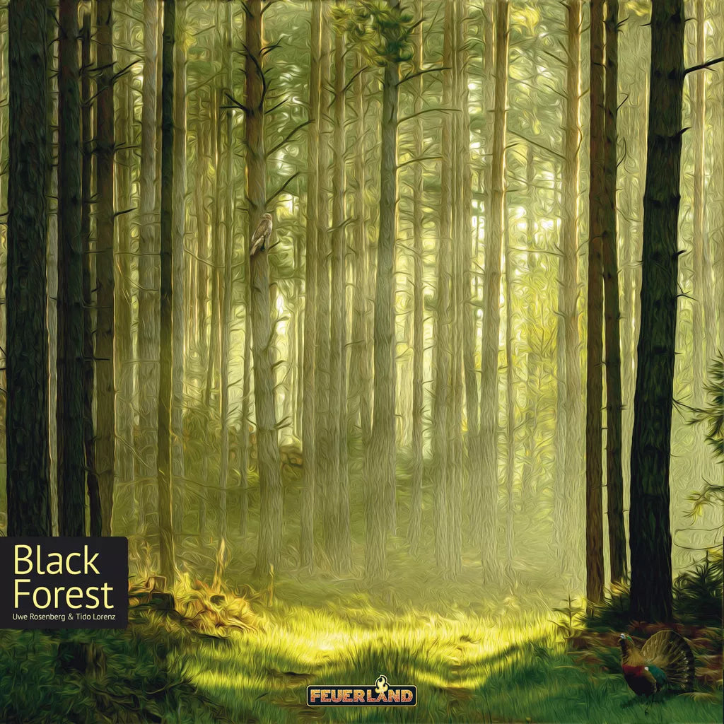 Sunlight streams through dense pine trees in the lush, green Black Forest. Grass covers the ground and a pheasant appears in the lower right corner. This image, from Feuerland Spiele’s “Black Forest,” features a soft, painting-like quality.