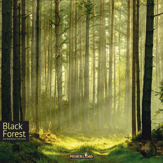 Sunlight streams through dense pine trees in the lush, green Black Forest. Grass covers the ground and a pheasant appears in the lower right corner. This image, from Feuerland Spiele’s “Black Forest,” features a soft, painting-like quality.