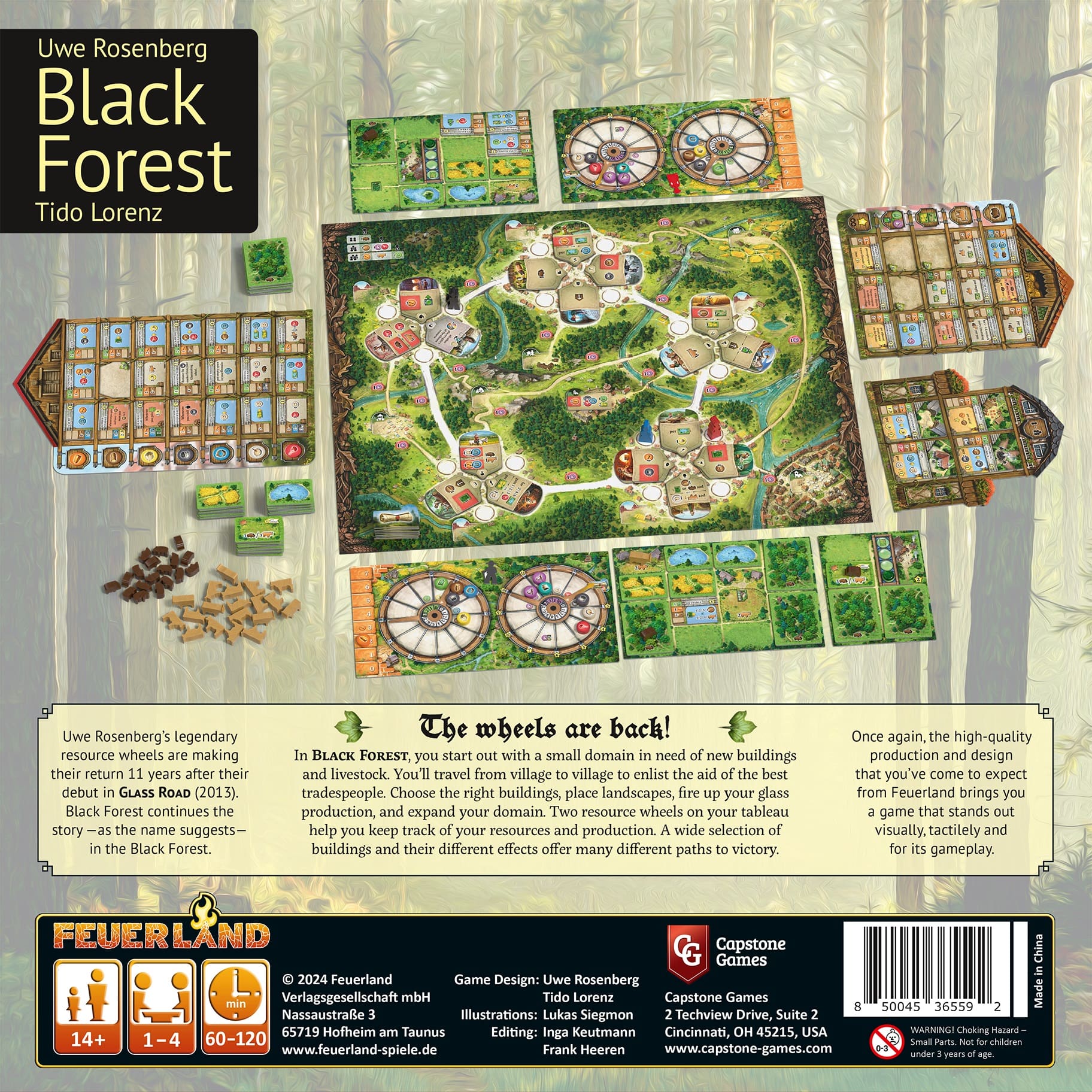 Back of the Black Forest by Feuerland Spiele showing game setup with boards, cards, tokens, player mats, resource wheels, rulebooks, game description, publisher info, and designer Uwe Rosenberg's photo.