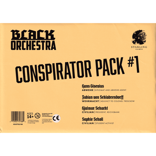 Yellow box cover for Black Orchestra Conspirator Pack #1 by Game Salute, showing names and roles of historical figures from Black Orchestra, plus age and content warnings at the bottom.