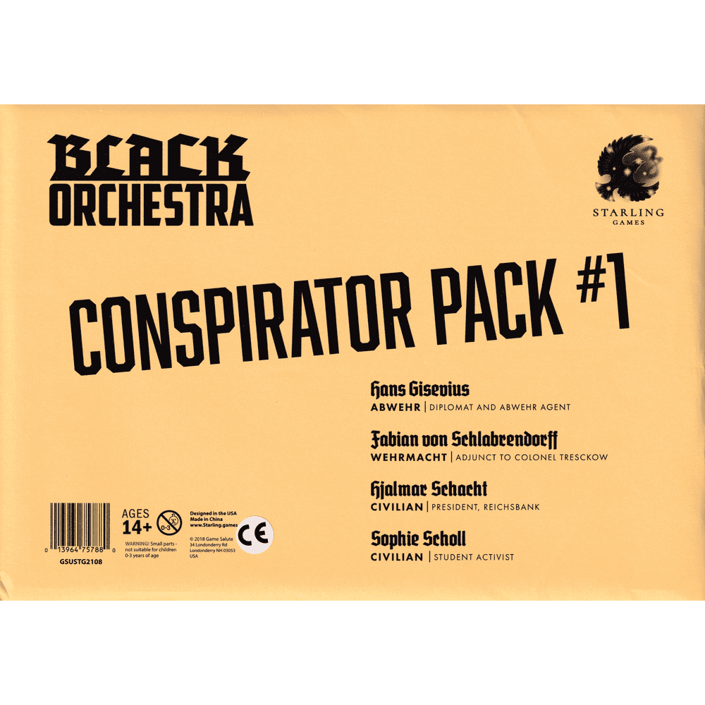 Yellow box cover for Black Orchestra Conspirator Pack #1 by Game Salute, showing names and roles of historical figures from Black Orchestra, plus age and content warnings at the bottom.