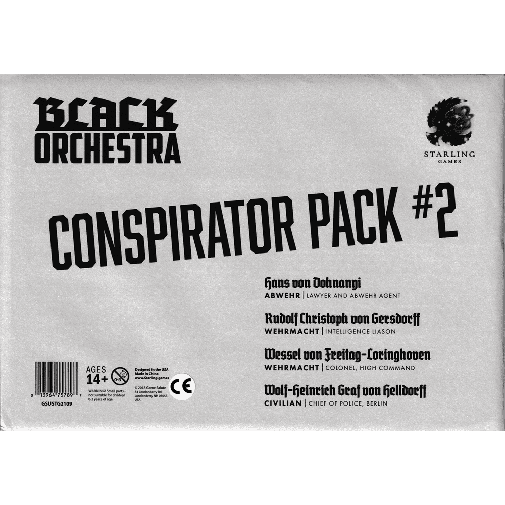Box for Black Orchestra Conspirator Bundle by Game Salute. This bundle lists conspirators and their roles. Age 14+ and product details are shown at the bottom left.