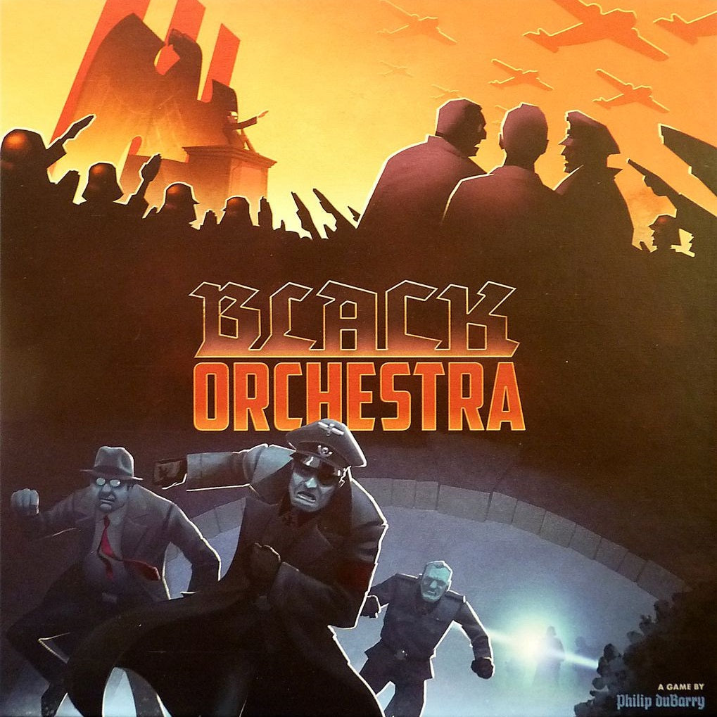 The cover art for Black Orchestra (Second Edition) by Game Salute shows shadowy wartime figures, planes above, and silhouettes scheming against Hitler, with fleeing characters in front of a striking orange and blue backdrop.