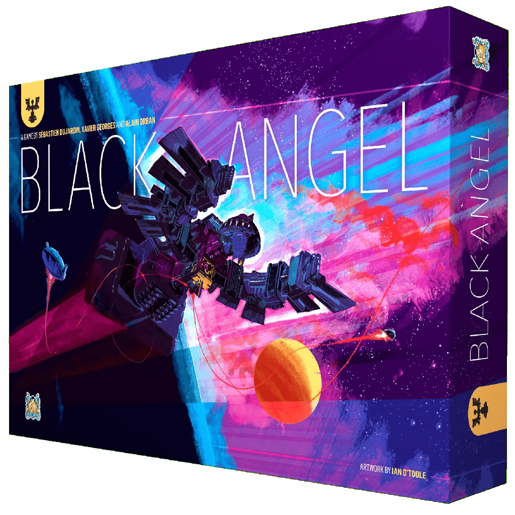The image displays the Pearl Games Black Angel board game box, featuring a striking intergalactic spaceship flying through colorful space with planets, cosmic swirls, and the game's title prominently shown.