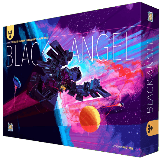 The image displays the Pearl Games Black Angel board game box, featuring a striking intergalactic spaceship flying through colorful space with planets, cosmic swirls, and the game's title prominently shown.