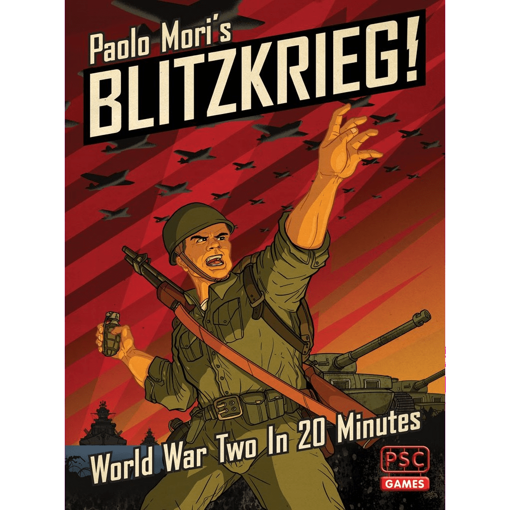 A dramatic board game cover shows a WWII soldier shouting and pointing forward, with planes overhead, tanks behind, and bold text: Blitzkrieg! by PSC Games— a fast-paced World War II wargame for two players.