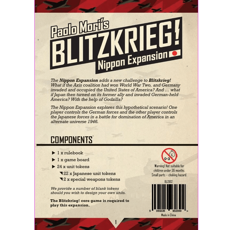 The image shows the back cover of Blitzkrieg! Nippon Expansion by PSC Games. It lists components, describes its alternate history WWII strategy scenario, and warns about small parts posing a choking hazard for children under 3.