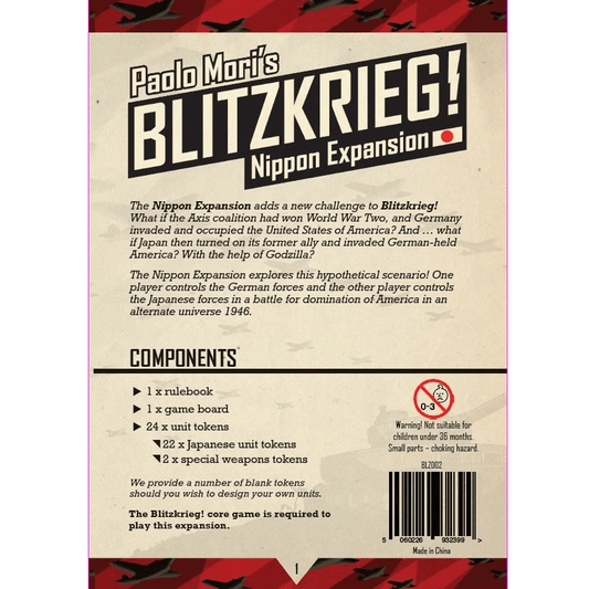 The image shows the back cover of Blitzkrieg! Nippon Expansion by PSC Games. It lists components, describes its alternate history WWII strategy scenario, and warns about small parts posing a choking hazard for children under 3.