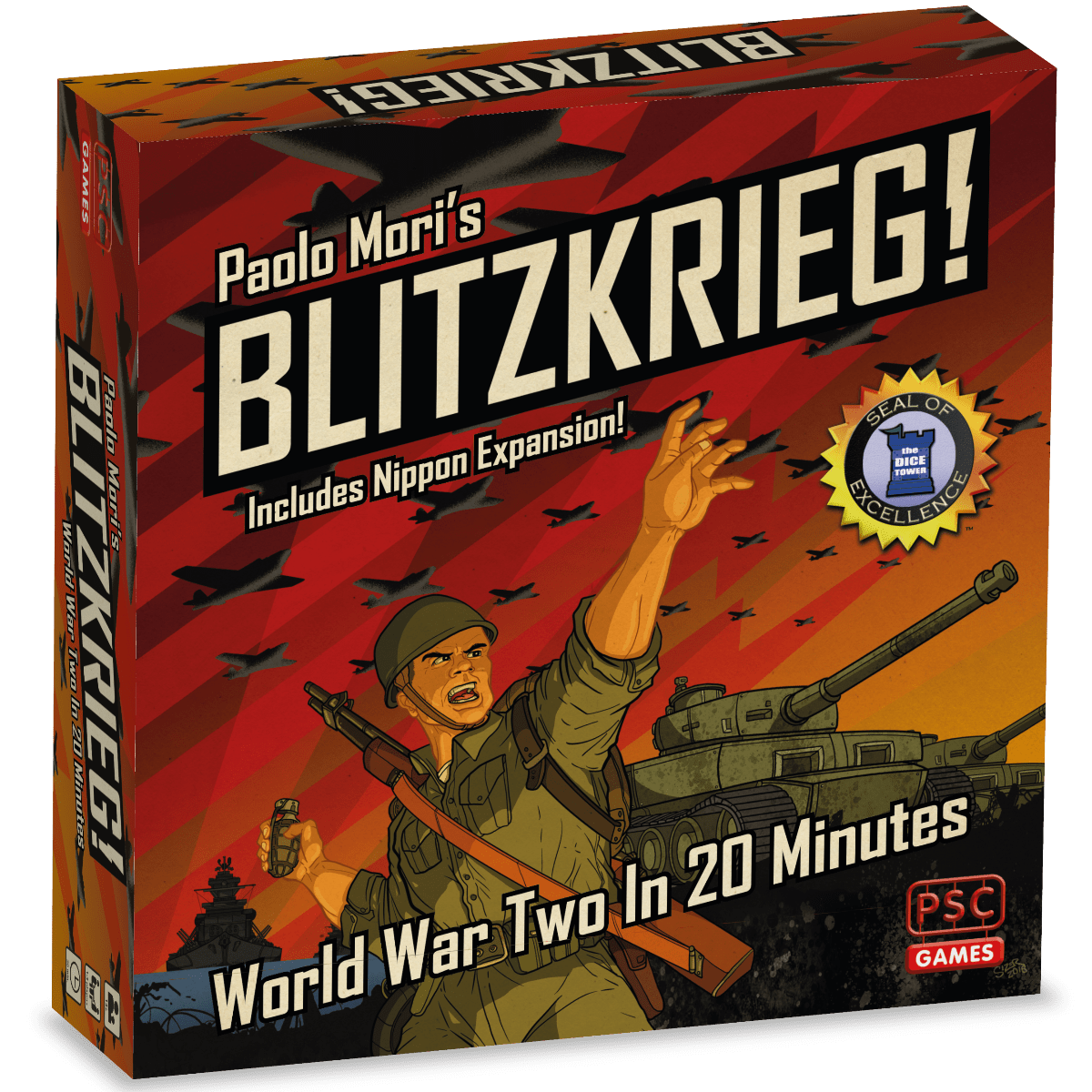 Box cover of Blitzkrieg! including Nippon Expansion by PSC Games shows a soldier in green uniform and helmet pointing ahead with tanks, planes, and explosions behind. Text highlights “World War Two In 20 Minutes” for this fast-paced wargame.