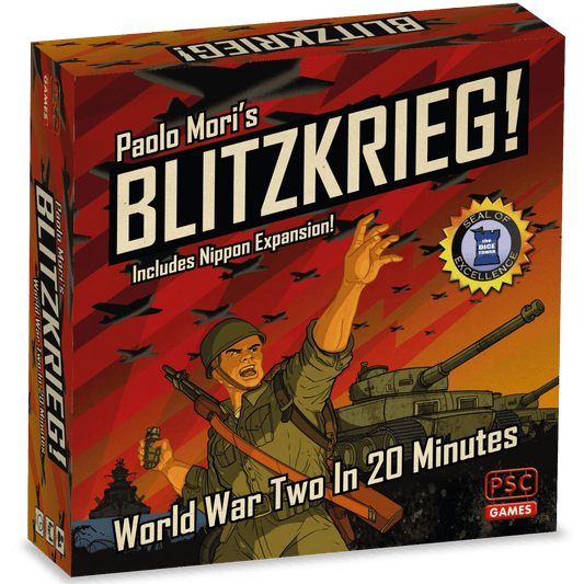 Box cover of Blitzkrieg! including Nippon Expansion by PSC Games shows a soldier in green uniform and helmet pointing ahead with tanks, planes, and explosions behind. Text highlights “World War Two In 20 Minutes” for this fast-paced wargame.
