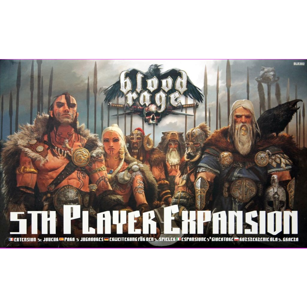 The Blood Rage - 5th Player Expansion (Multilingual) by Cool Mini Or Not features five armored Viking warriors under a stormy sky with the Blood Rage logo, capturing the epic spirit of this board game’s 5-player adventure.