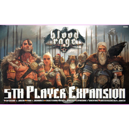 The Blood Rage - 5th Player Expansion (Multilingual) by Cool Mini Or Not features five armored Viking warriors under a stormy sky with the Blood Rage logo, capturing the epic spirit of this board game’s 5-player adventure.