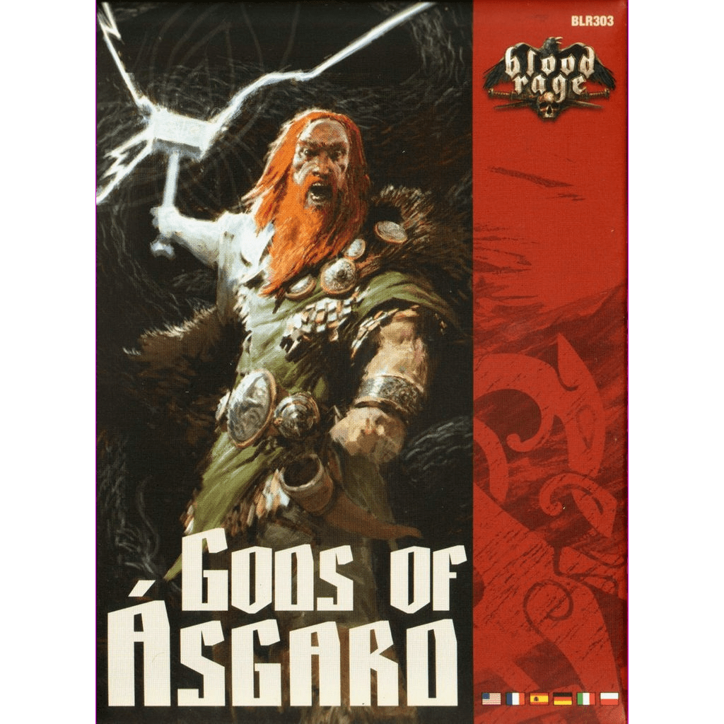 The cover of Blood Rage - Gods of Asgard Expansion by Cool Mini Or Not features a fierce, red-haired Viking god with a hammer, set against ornate red panels and bold white text that highlight the power of Norse gods.