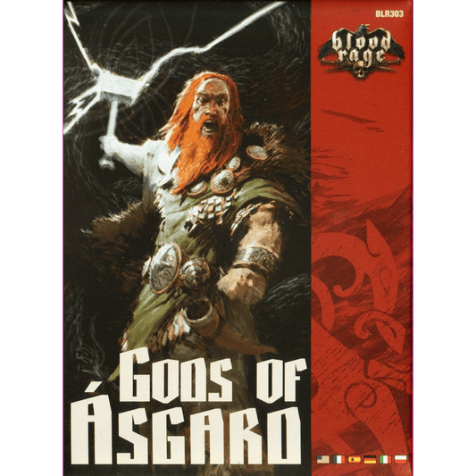 The cover of Blood Rage - Gods of Asgard Expansion by Cool Mini Or Not features a fierce, red-haired Viking god with a hammer, set against ornate red panels and bold white text that highlight the power of Norse gods.