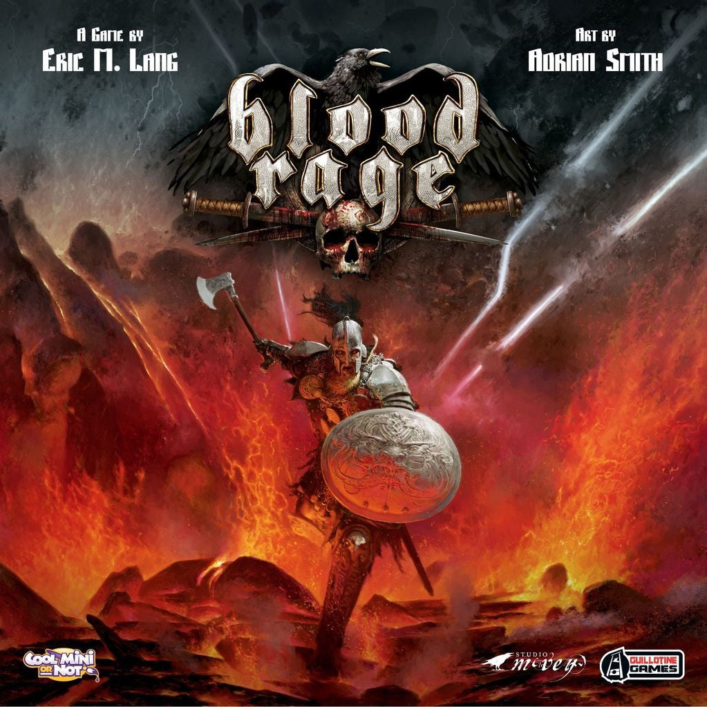A Viking warrior in armor wields an axe and shield amid lava and smoke. Above, a raven-skull logo bears “Blood Rage” by Cool Mini Or Not, invoking Norse mythology with artist and designer credits in the corners.