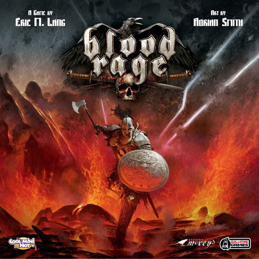 A Viking warrior in armor wields an axe and shield amid lava and smoke. Above, a raven-skull logo bears “Blood Rage” by Cool Mini Or Not, invoking Norse mythology with artist and designer credits in the corners.