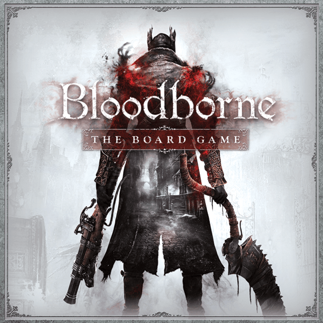 A dark, armored figure holding a cleaver and gun stands with their back to the viewer under bold “Bloodborne: The Board Game” text, by Cool Mini Or Not—a cooperative action-adventure board game.