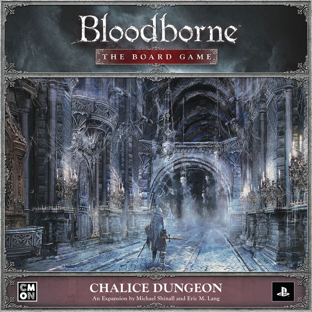 The Bloodborne: The Board Game Chalice Dungeon Expansion by Cool Mini Or Not features a gothic, blue-lit dungeon on its box cover, with a lone figure standing amid ornate arches and candlelit decorations.