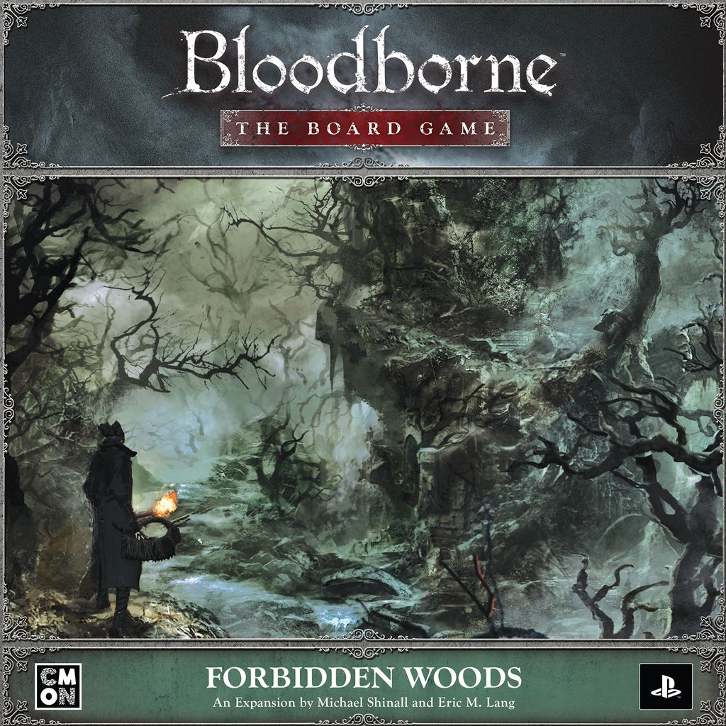 A dark, eerie forest scene with twisted trees, fog, and a mysterious figure holding a lantern. Text: "Bloodborne: The Board Game Forbidden Woods Expansion by Cool Mini Or Not.