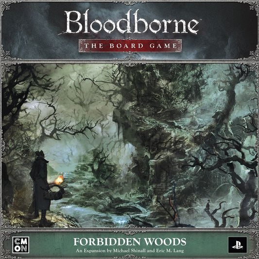 A dark, eerie forest scene with twisted trees, fog, and a mysterious figure holding a lantern. Text: "Bloodborne: The Board Game Forbidden Woods Expansion by Cool Mini Or Not.